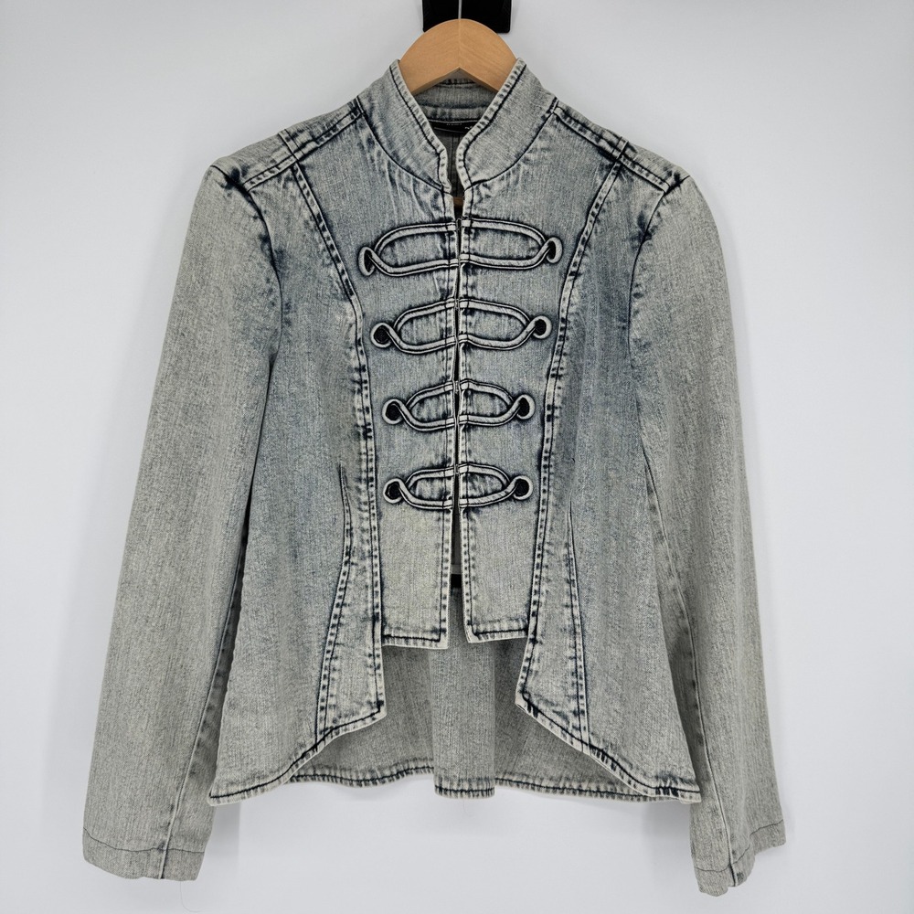Allen B Acid Wash Military Denim Jacket L Frog Closure Y2K Steampunk Victorian